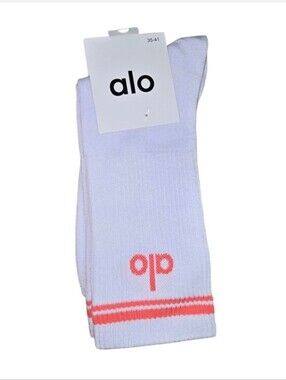 ALO Yoga Men’s White Athletic Crew Socks with Coral Stripes